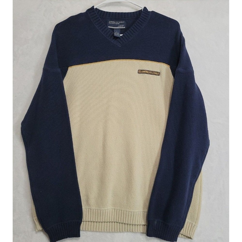 American Eagle Outfitters AE77 Pullover Sweater Men's Large Navy Ivory